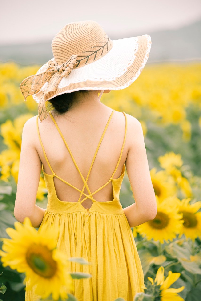 rear, girl, back, girl's back, yellow dress, sun hat, dress, sunflowers, phone wallpaper, sunflower field, young woman, female model, aesthetic wallpaper, iphone wallpaper